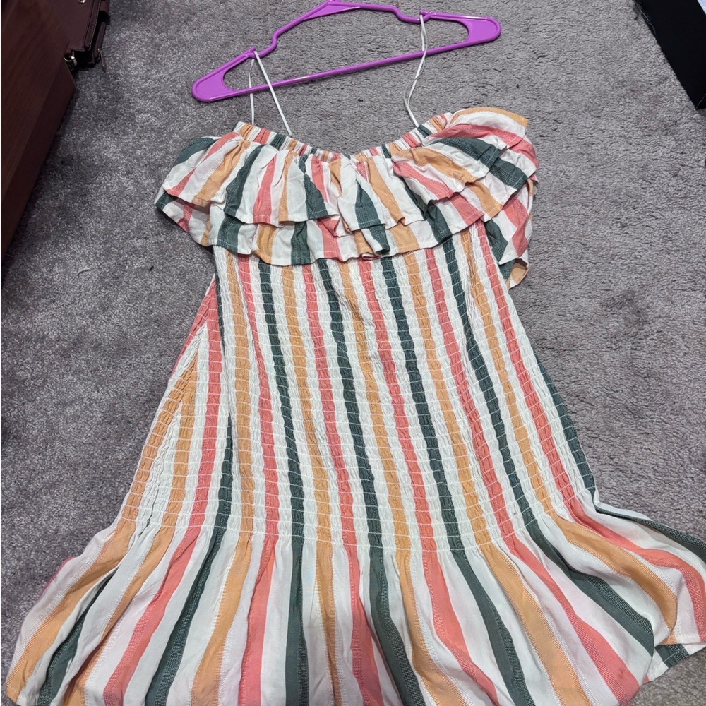 Anthropologie Strapless Ruffle Sundress in Coral, Mustard & Forest Stripe